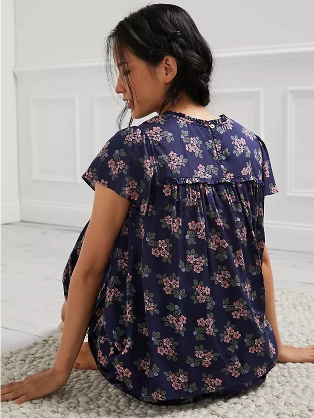 Anthropologie Darcy Navy Floral Smocked Yoke Top XS